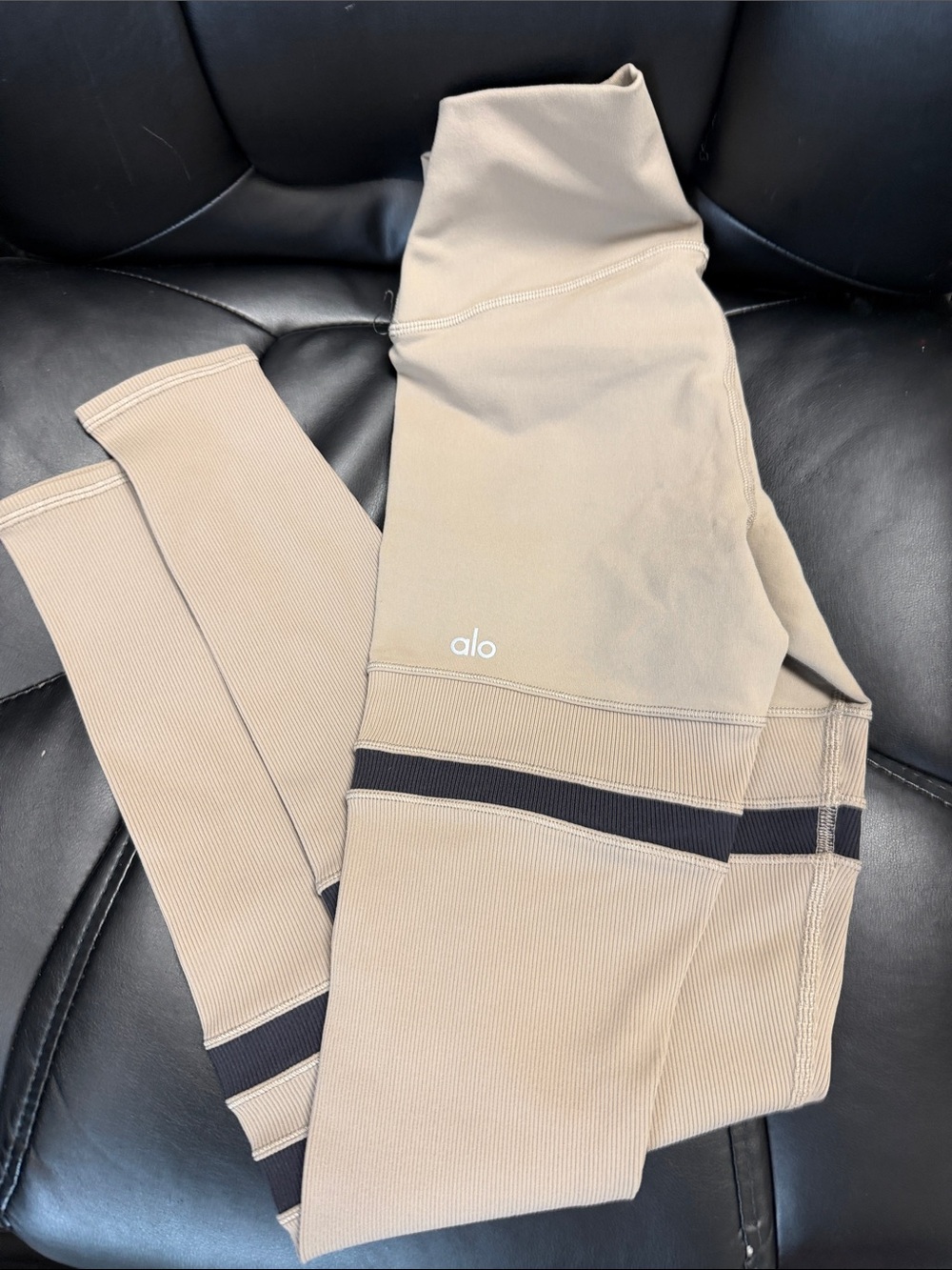 ALO Yoga Tan Leggings with Black Stripe Accent